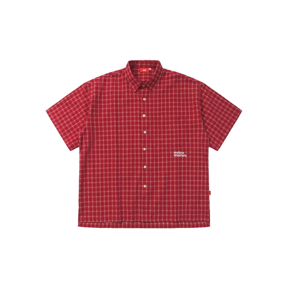 A.A Grid Shirt in cherry red, buttoned and laid flat on white