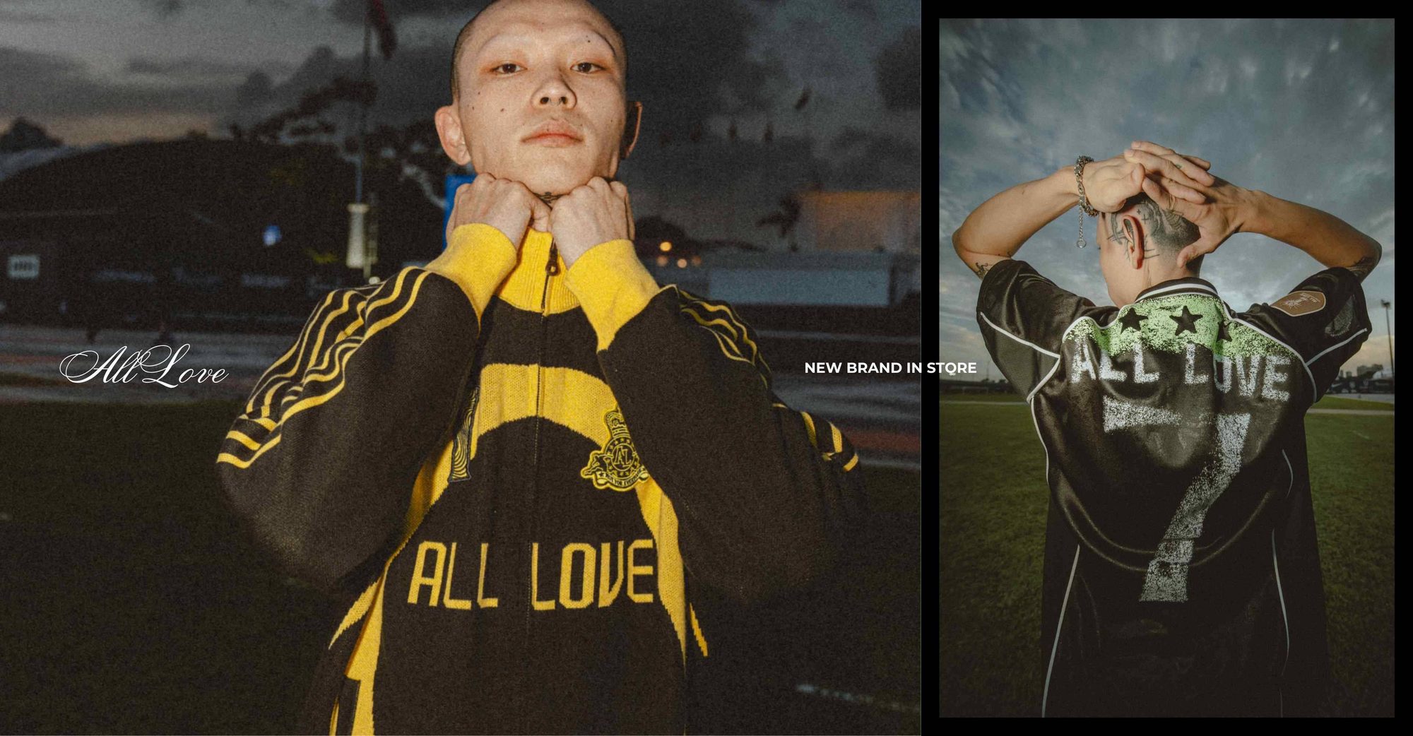 All Love campaign — one model pulling up the collar of the black and yellow knit tracktop, another in the black All Love number 7 jersey on a floodlit field